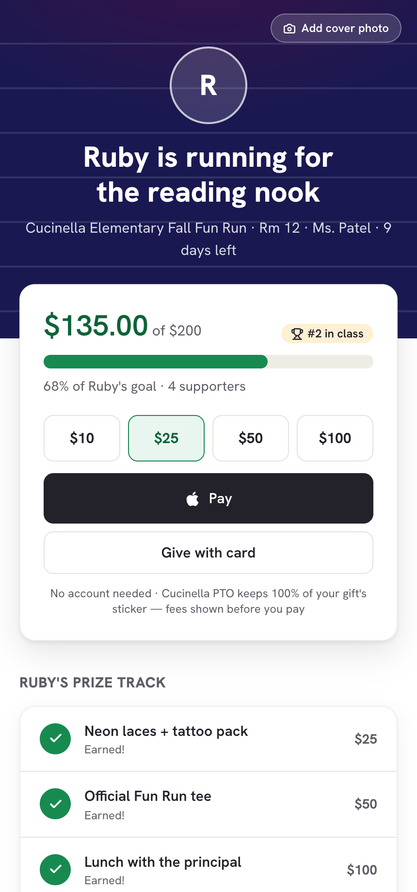 A student fundraising page in Homeroom