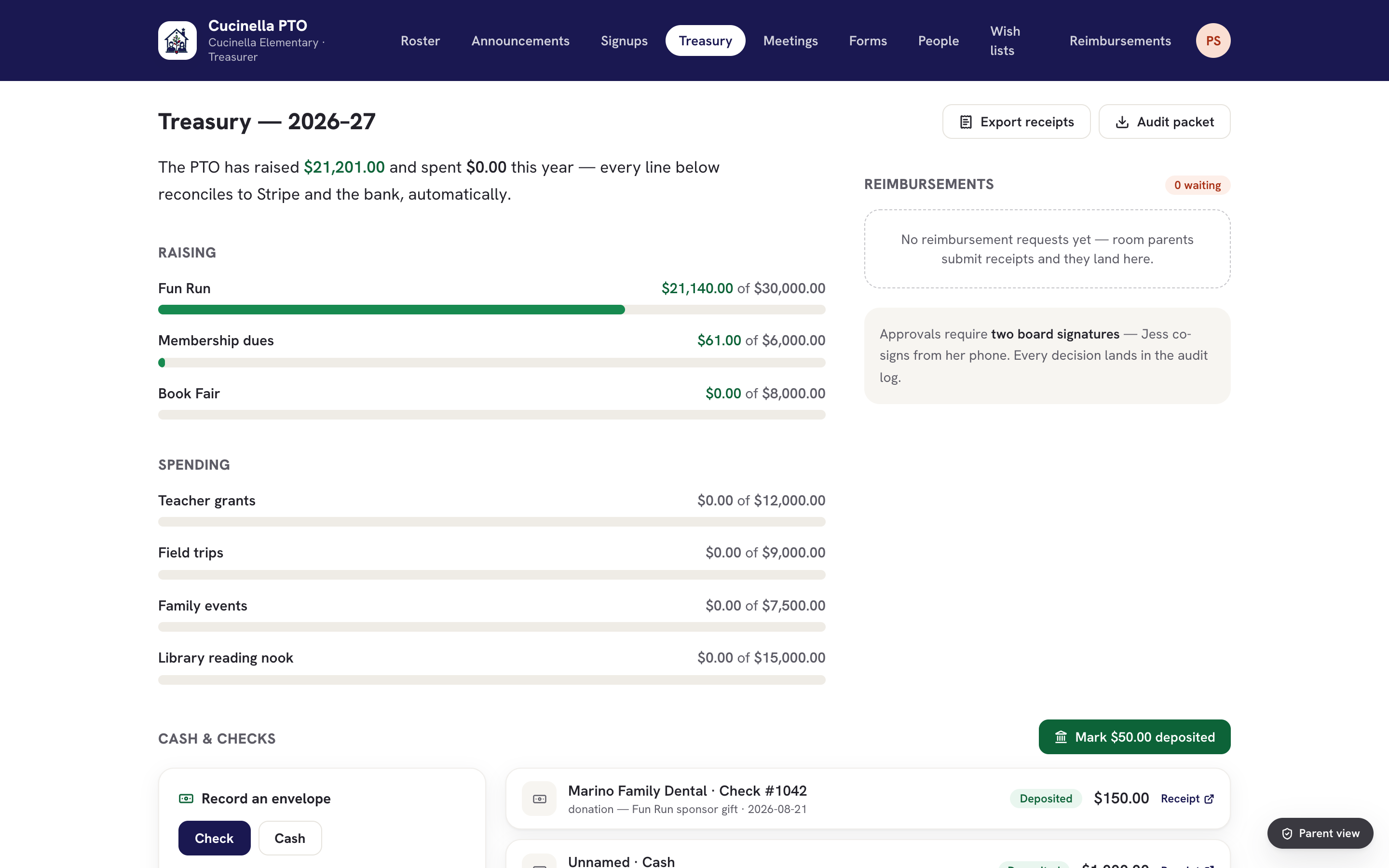 Homeroom treasury dashboard